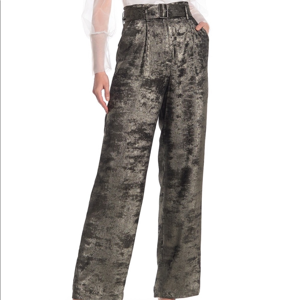 Metallic high waist woven pants silver gray black